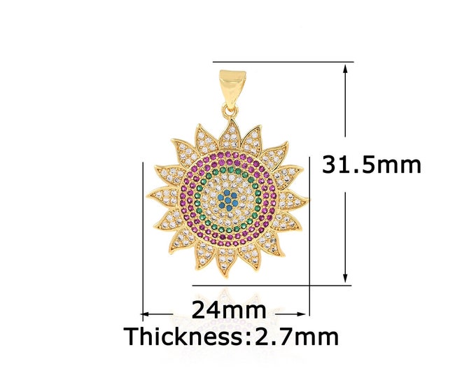 Sun Charm, Sunlight Necklace, MicroPave CZ Sun Pendant,Gold Sun Pendant,Suitable For Jewelry Making Products 24x31.5x2.7mm