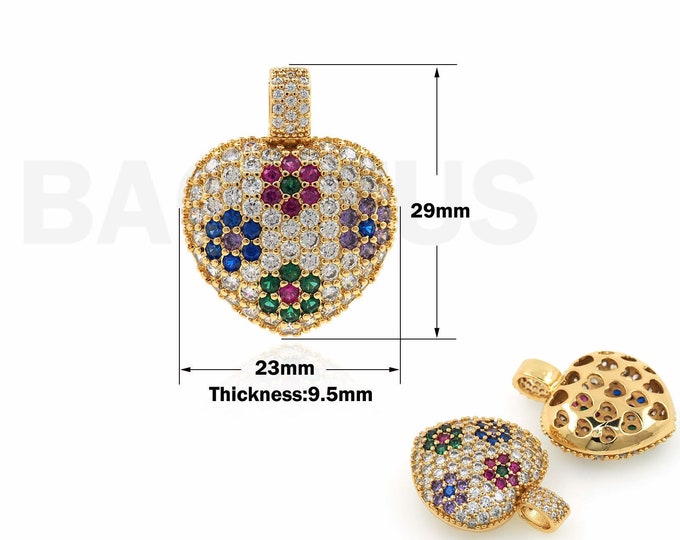 Heart Pendant, Micropavé CZ Love Charm, Puffed Heart Pendant, 18K Gold Filled 3D Heart Necklace, DIY Jewelry Supplies, 29x23x9.5mm