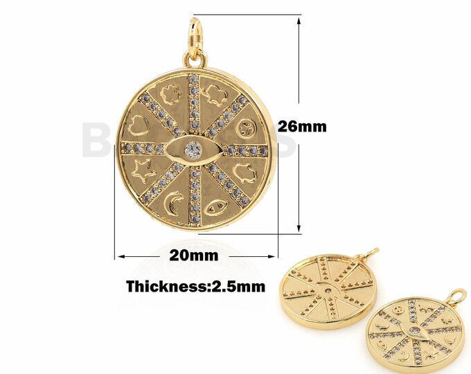 18K Gold Filled Universe Eye Coin Pendant, Coin Necklace, All Seeing Eye Pendant, Micropavé CZ  Eye Pendant, Eye Charm, 26x20x2.5mm