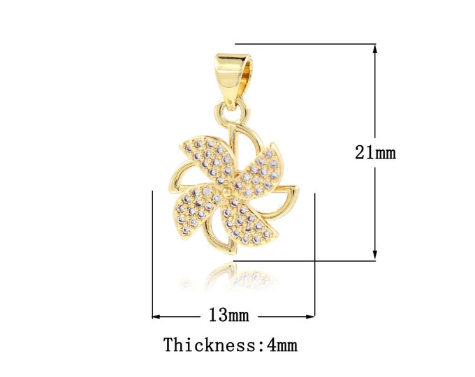18K Gold Filled Windmill Necklace, MicroPaved CZ Windmill Pendant,Dainty Windmill Pendant, DIY Jewelry Making Supplies 21x13x4mm