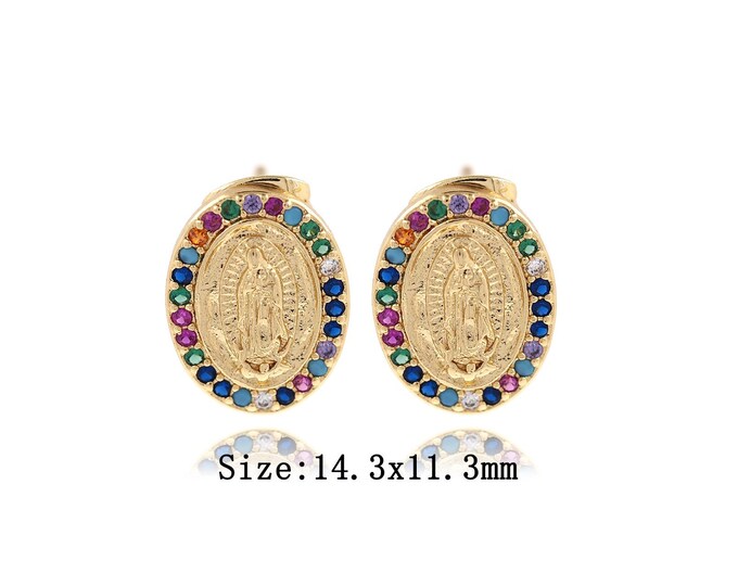Oval Earrings, 18K Gold Filled Madonna Earrings,Fashion Earrings, Micropave CZ Religious Earrings, Gift for Her, 14.3x11x3mm