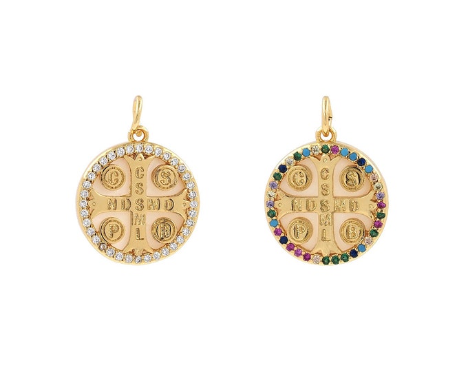 18K Gold Filled Saint Benedict Cross Charm, CSSML Benedictine Gold medal Charm,Micropavé CZ Round Pendant,20.6X15.6X3.6mm