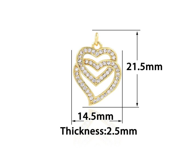 18K Gold Filled Heart Pendant,Gold Dainty Double Heart Charms,CZ Heart Charm Bracelet Necklace for DIY Jewelry Making Supply