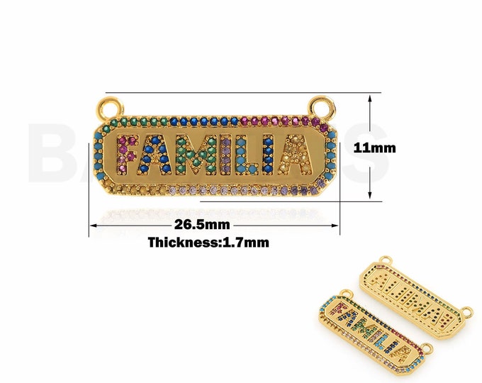 FAMILIA Pendant, Micropavé CZ Word Necklace, Family Charm, 18K Gold Filled Word Charm, DIY Jewelry Supplies, 11x26.5x1.7mm