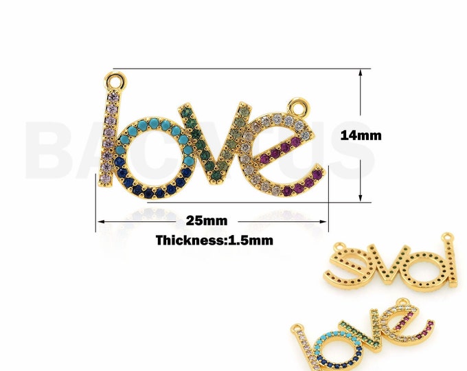 18K Gold Filled LOVE Necklace, Alphabet Charm, Word Necklace, Micropavé CZ Love Necklace, DIY Jewelry Supplies, 14x25x1.5mm