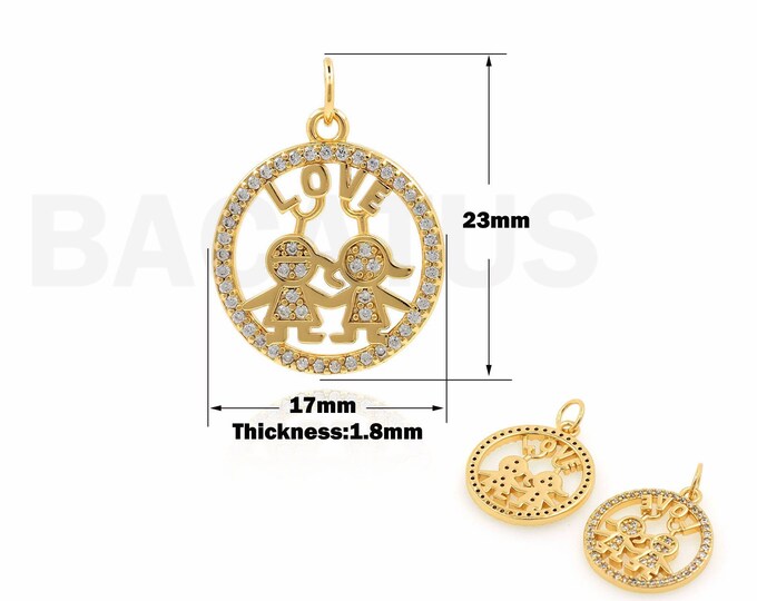 Round Charm,Couple Pendant, Love Necklace,18K Gold Filled Necklace for Girls, Micro Pavé CZ Couple Charm,DIY Jewelry Supplies, 23x17x1.8mm