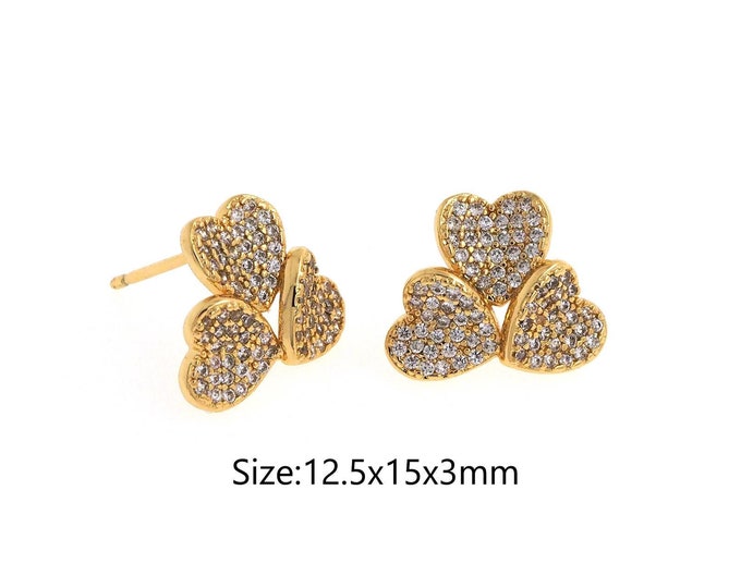 18K Gold Filled Heart Stud Earrings,Gold Heart Stud Earrings,Micropavé CZ Heart Stud Earrings,Gift for Her,12.5x15x3mm