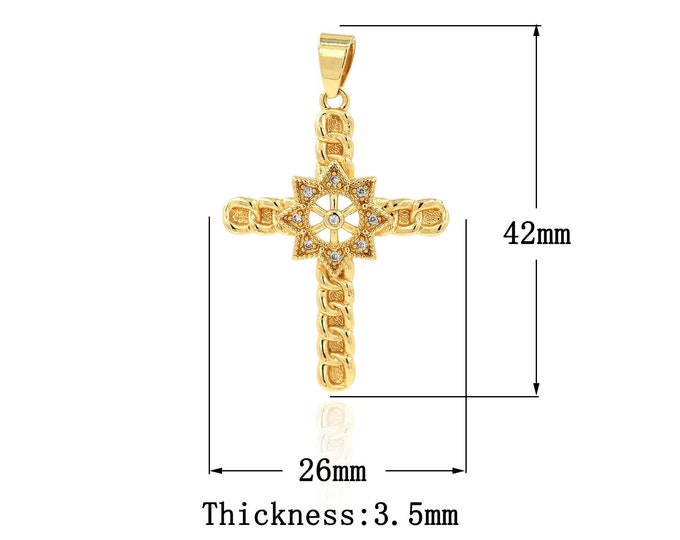 18K Gold Filled CZ Cross Pendant,Gold Dainty Religion Charms,Flower Charm Bracelet Necklace for DIY Jewelry Making Supply