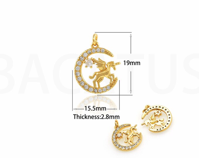 18K Gold Filled Unicorn Pendant,Gold Dainty CZ Moon Charms,Celestial Charm Bracelet Necklace for DIY Jewelry Making Supply