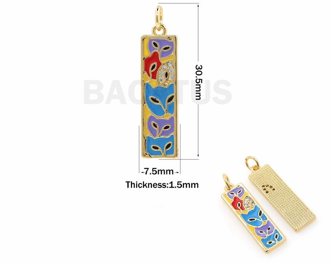 18K Gold Filled Bar Pendant, Enamel Charm, Micropavé CZ Rectangular Enamel Necklace, Mask Charm, DIY Jewelry Accessories, 30.5x7.5x1.5mm