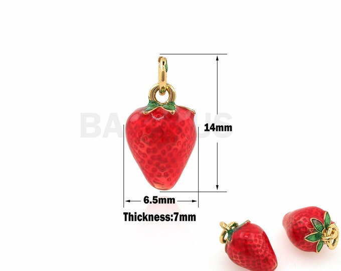 18K Gold Filled Enamel Strawberry Pendant, Strawberry Necklace, Enamel Fruit Pendant, Fruit Charm, Gourmet Pendant 14x16.5x7mm