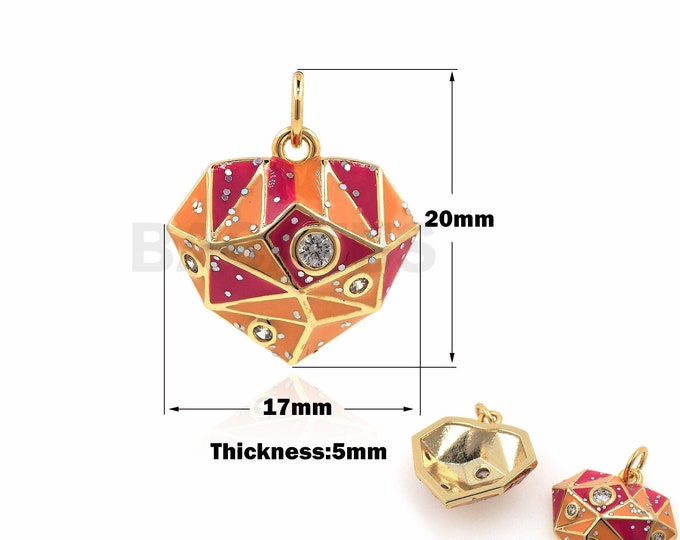 Enamel Heart Pendant, 18K Gold Filled Enamel Love Necklace, Micropave CZ Polyhedron Jewelry, Love Charm, Heart Charm, 20x17x5mm