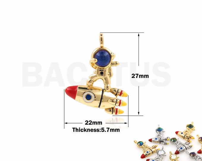 Rocket Pendant, 18K Gold Filled Crescent Necklace, NASA Charm, Micropavé CZ Astronaut Jewelry, DIY Jewelry Supplies, 27x22x5.7mm