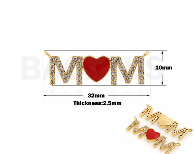 Letter Necklace, MM Pendant, Heart Charm, 18K Gold Filled Enamel Charm, Micro Pave CZ Mother Gift, DIY Jewelry Supplies, 10x32x2.5mm