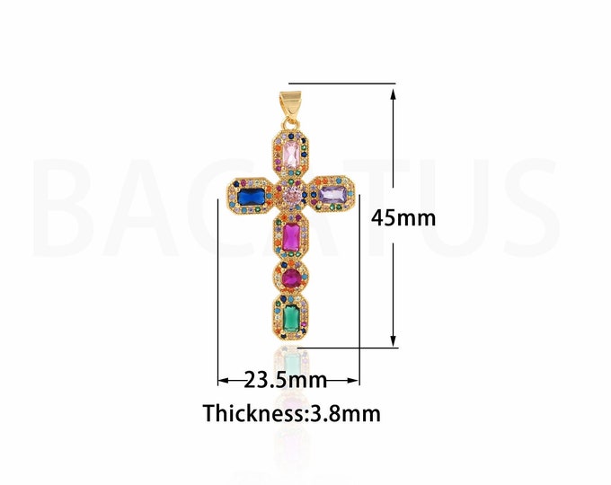 Micropavé CZ Christian Necklace, 18K Gold Filled Religious Charms, Christian Charms, Cross Pendant, DIY Jewelry Supplies, 45x23.5x3.8mm