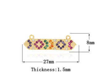 May include: Gold-toned bar connector with a colourful geometric design featuring small, faceted stones. The connector measures 27 mm in length, 8 mm in width, and 1.5 mm in thickness.