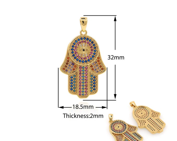 18K Gold Filled Hamsa Pendant, Micropavé CZ Hand Pendant, Eye Necklace, Hamsa Charm, DIY Jewelry Supplies, 32x18.5x2mm