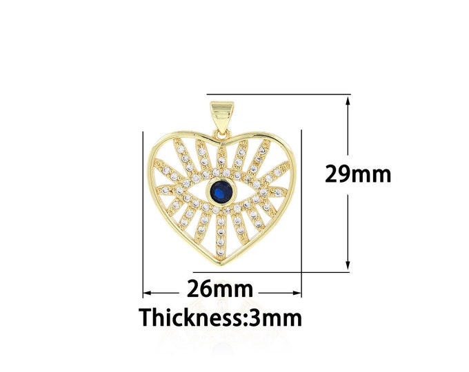 18K Gold Filled Devil Eye Pendant,Gold Dainty Heart Charms,CZ Heart Charm Bracelet Necklace for DIY Jewelry Making Supply