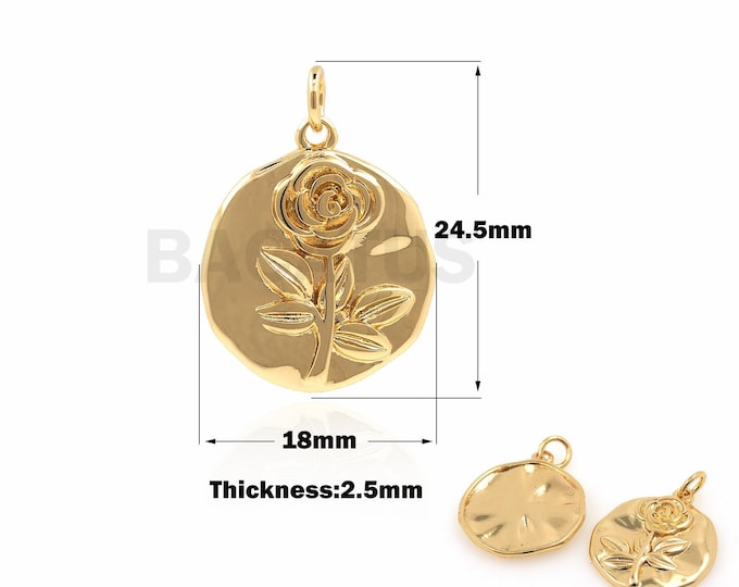 18K Gold Filled Coin Pendant, Coin Charm, Rose Necklace, Rose Charm, Rose Pendant, Round Necklace, DIY Jewelry Accessories, 24.5x18x2.5mm