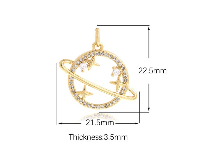 Saturn Pendant, Micro Pave CZ Planet Charm, 18K Gold Filled Round Pendant, DIY Jewelry Supplies, 21.5X22.5X3.5mm
