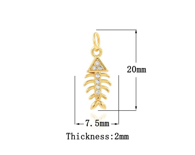 18K Gold Filled Fish Bone Pendant,Gold Dainty CZ  Fish Bone Charms, Fish Bone Charm Bracelet Necklace for DIY Jewelry Making Supply