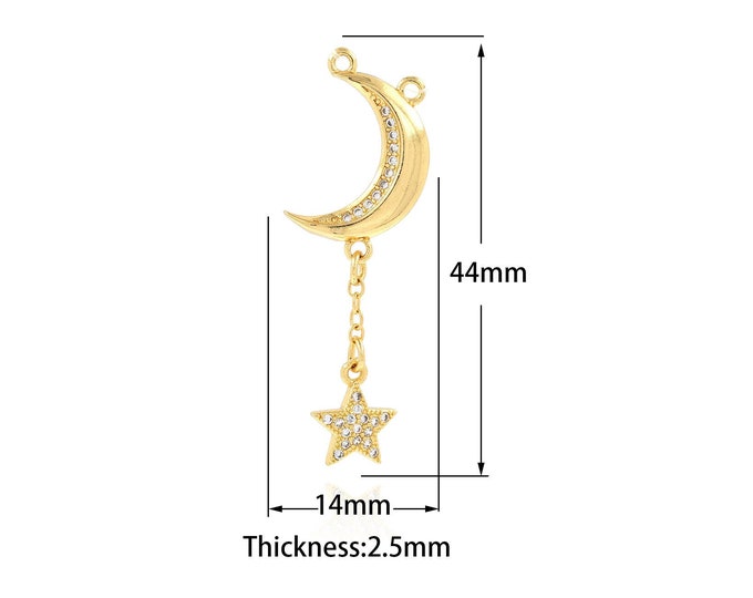Moon Charm,Micropavé CZ  Star Pendant Star Moon Pendant,18K Gold Filled Crescent Necklace, Star Moon Necklace, 14x44x2.5mm