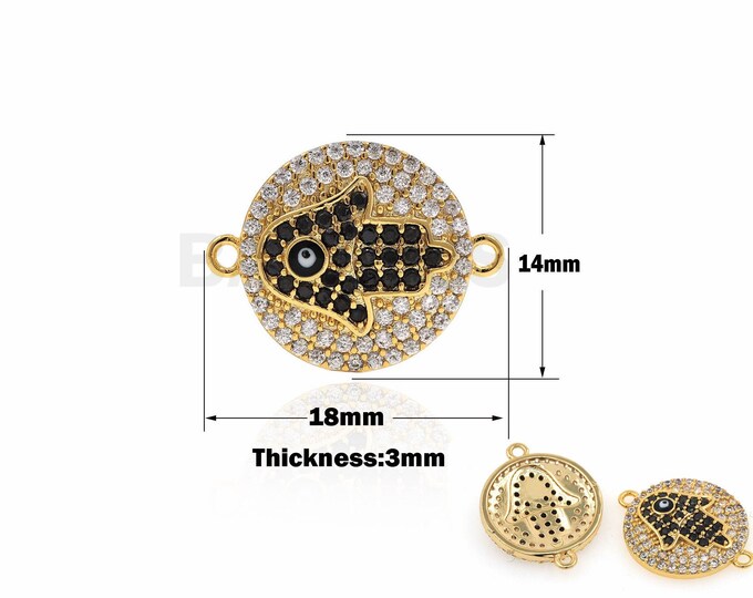 1PCS,18K Filled Gold Circular Eye Connector, Micro-Pave Hamsa Connector, Suitable For Jewelry Making Accessories 14x18x3mm