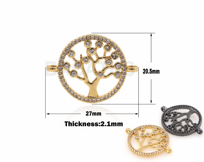 1PCS 18K Filled Gold Tree Of Life Connector, Round tree Connector, Micro-Pave With The Charm Of The Tree Of Life 20.5x27x2.1mm