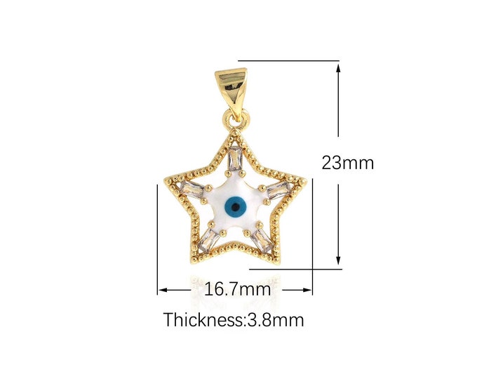 Micropavé CZ Five-pointed Star Eye Pendant,Big Eye Necklace,18K Gold Filled Enamel Eye Pendant,Enamel Charm,Eye Charm,23x16.7x3.8mm