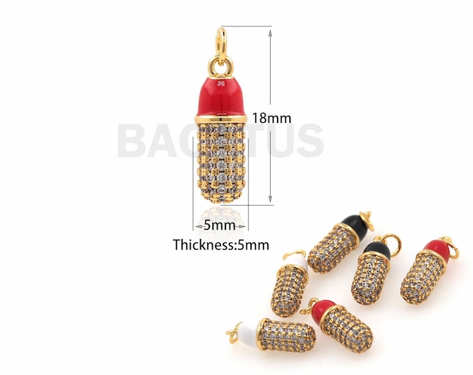 Micropavé CZ Pill Capsule Pendant, Cylinder Necklace, 18K Gold Filled Pill Charm, Enamel Capsule Pendant, 18x5x5mm