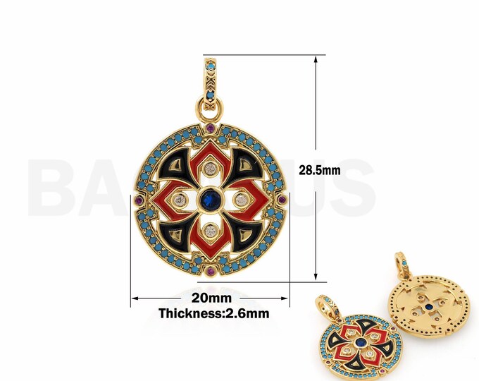 Round Coin Pendant, 18K Gold Filled Round Pendant, Enamel Flower Pendant, Flower Charm, Micropavé CZ Enamel Flower Necklace, 28.5x20x2.6mm