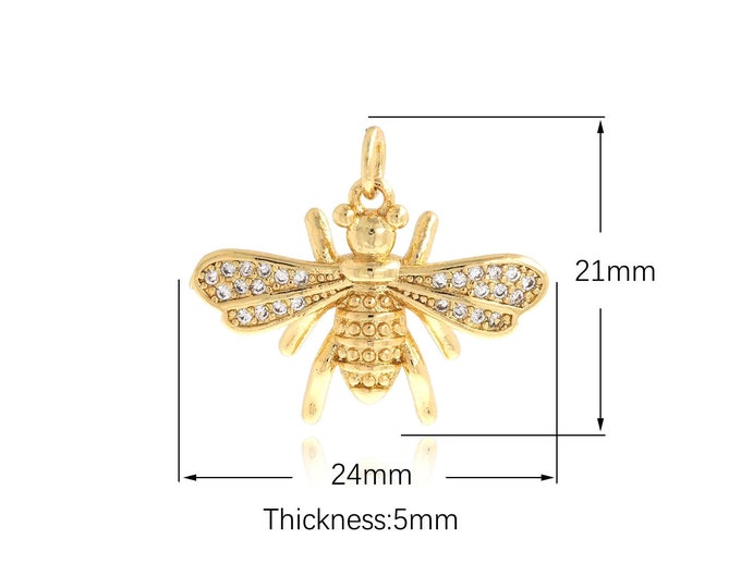 Bee Pendant, 18K Gold Filled Insect Charm, Cute Charm, Micro Pave CZ Bee Necklace, DIY Jewelry Supplies, 21x24x5mm