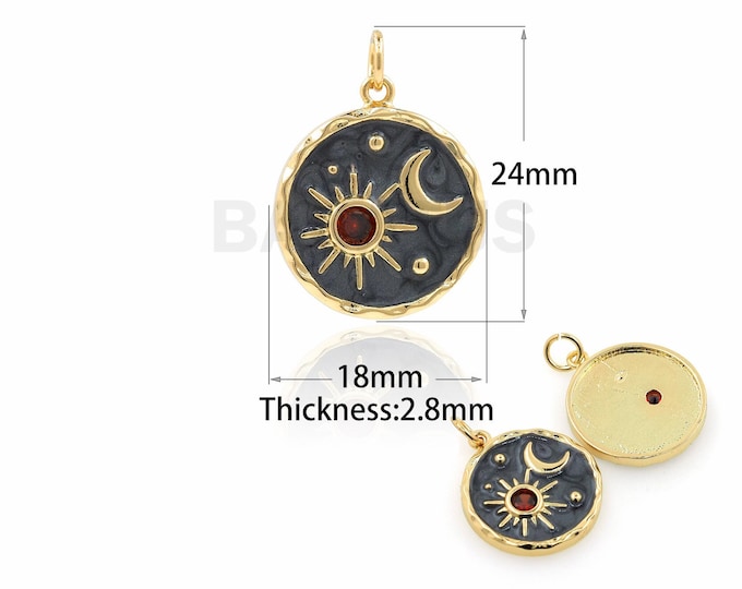 18K Gold Filled Universe Pendant, Sun Pendant, Crescent Pendant, Micropavé CZ Round Enamel Pendant, DIY Jewelry Accessories, 24x18x2.8mm
