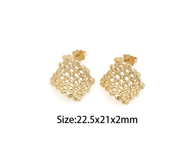 Braided Earrings, Square Earrings, 18K Gold Filled Personalized Earrings, Fashionable Earrings, Thin Gold Earrings,Gift for Her, 22.5x21x2mm