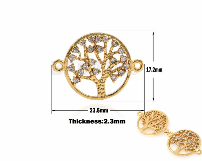 1PCS 18K Filled Gold Micro Pave Tree Of Life Jewelry,Round Tree Connector,Tree Findings Suitable For Jewelry Making Supplies 20.5x27x2.1mm