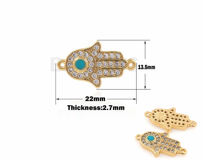 1PCS 18K Filled Gold Cubic Zirconia Hamsa Connector,Hamsa Bracelet Necklace For Jewerly Making 13.5x22x2.7mm