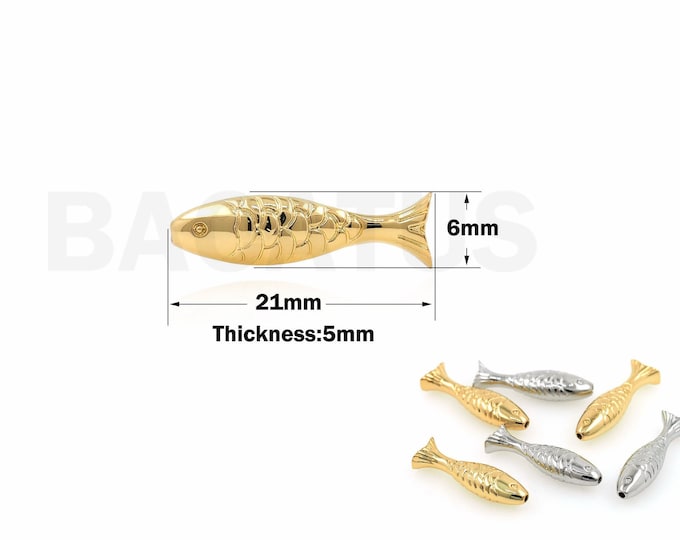 Fish Spacer Beads, 18K Gold Filled Fish Charm, Bracelet Beads, Necklace Beads, Ocean Charm, DIY Jewelry Supplies, 6x21x5mm