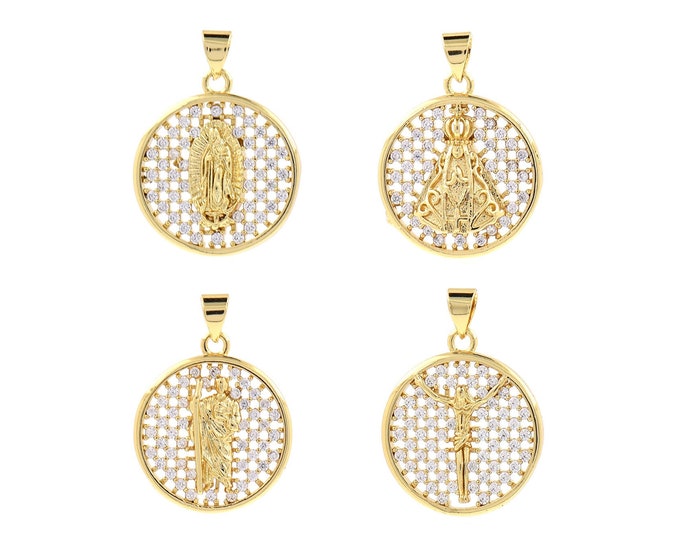 Jesus Charm, Our Lady Charm,18K Gold Filled Round Pendant,Pope Charm, Micropavé CZ Saint Benedict Charm, DIY Jewelry Supplies,27.6x20x4.5mm