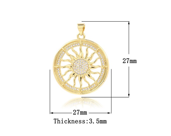 Micropavé CZ Round Pendant, Shell Pendant,Sun Charm, 18K Gold Filled Sun Pendant, DIY Jewelry Supplies, 27x27x3.5mm
