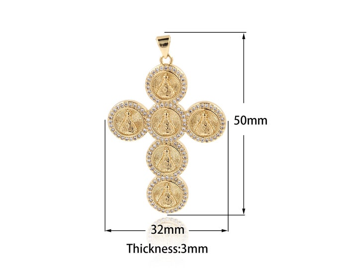 18K Gold Filling Cross Pendant Micropavé CZ Saint Jude Jewelry, Virgin Charm,Religion Pendant,DIY Jewelry Making 50x32x3mm