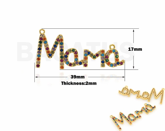 Cubic Zirconia Word Pendant 18K Gold Filled MAMA Jewelry Letter Pendant Suitable for Bracelet Necklace Jewelry Making Supplies 17x39x2mm