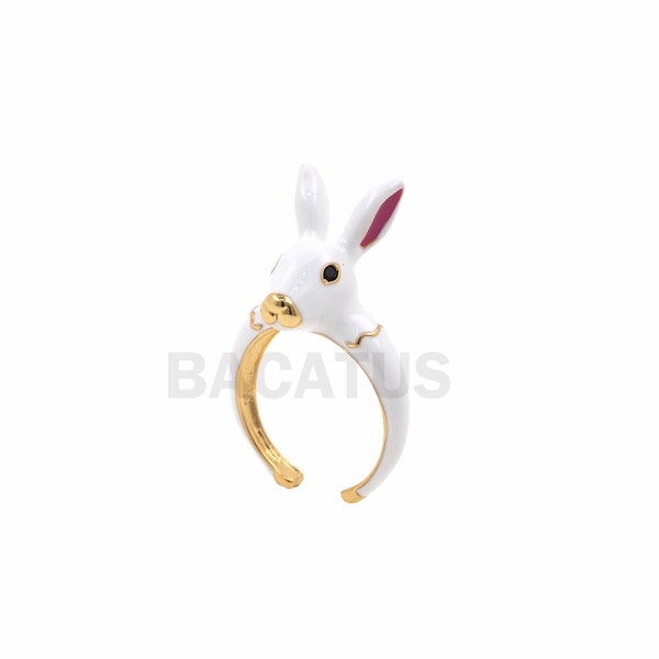 18K Gold Filled Rabbit Ring, Enamel Adjustable Ring, Rabbit Ring, Open Animal ing, Delicate Ring, Rabbit jewelry