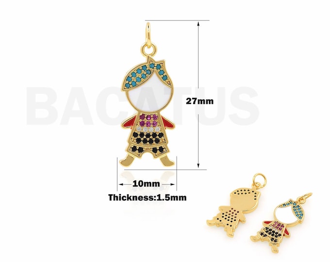 Boy Pendant, Figure Charm, Micropavé CZ Kids Necklace, 18K Gold Filled Kids Charm, Cute Boy Charm, DIY Jewelry Supplies, 27x10x1.5mm