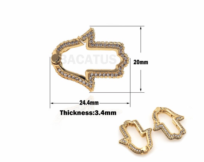 1pcs 18K Hamsa Hand Carabiner Hamsa Buckle, Micro-Pave Hand Buckle, Gold-Plated Buckle, Spring Buckle Charm 20x24.4x3.4mm