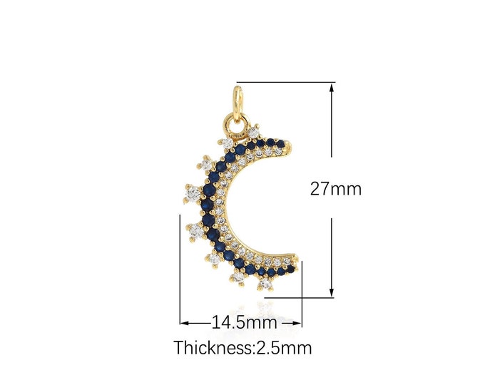 1PCS Gold Moon Pendant Moon Charms  Moon Necklace CZ Micro Pave Moon  For Jewerly Making 27x14.5x2.5mm