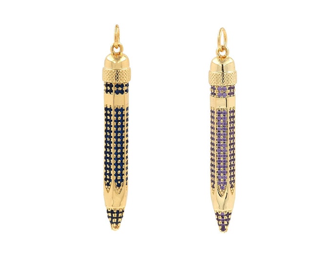 Pencil Pendant, Bar Charm, 18K Gold Filled Sketch Pendant, Pen Necklace, Micropavé CZ Bar Necklace, DIY Jewelry Supplies, 40x5.9x4.6mm
