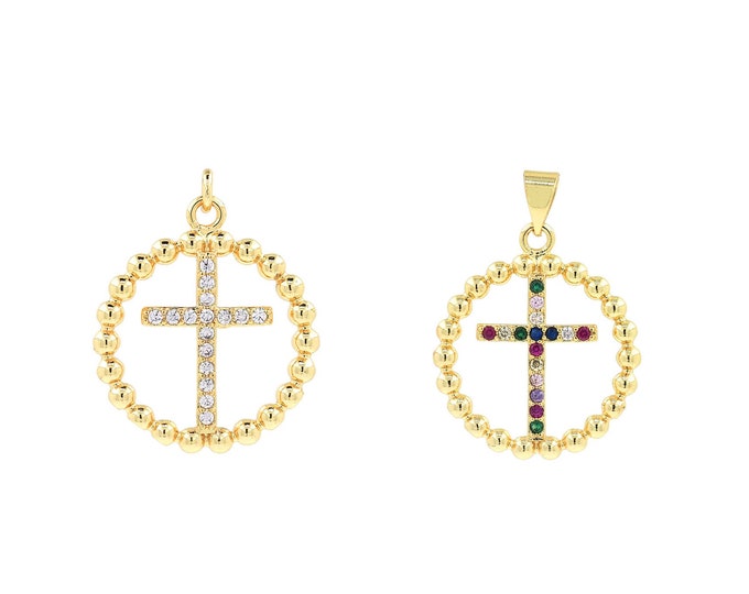 18K Gold Filled Cross Pendant,Gold Dainty CZ Religion Charms,Round Charm Bracelet Necklace for DIY Jewelry Making Supply