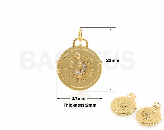 1Pcs Night Sky Pendant 18K Gold Filled Moon Charm Micropavé CZ Golden Moon Coin Necklace Round Necklace Jewelry, 23x17x2mm
