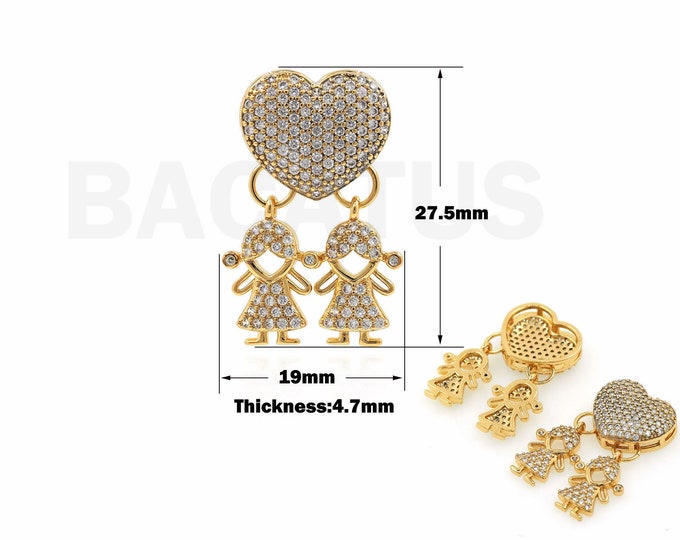 Couple Pendant, Love Necklace,18K Gold Filled Heart Charm,Necklace for Girls, Micro Pavé CZ Couple Charm,DIY Jewelry Supplies, 27.5x19x4.7mm