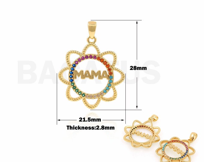 Sun Flower Pendant, Alphabet Charm, Micropavé CZ MAMA Necklace, Mother Gift, 18K Gold Filled Sun Pendant,DIY Jewelry Supplies, 28x21.5x2.8mm